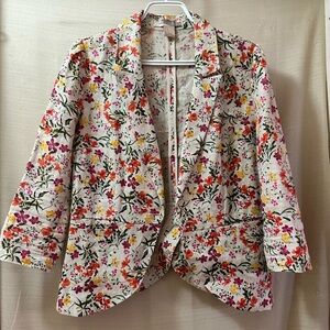 Love 21 Floral Linen Blazer Jacket Cream Pink Orange Size Large Bohemian Summer